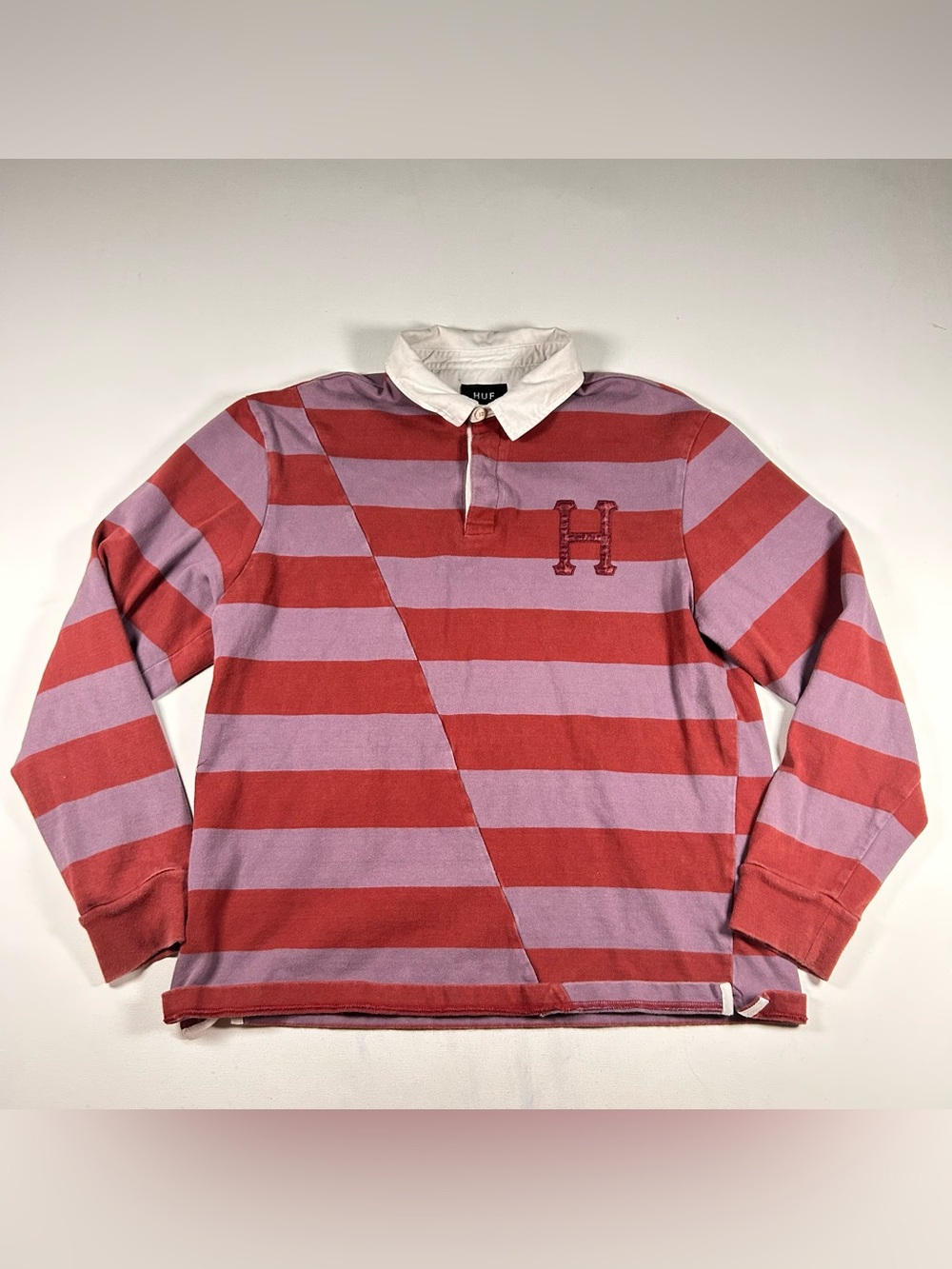 HUF Mens Long Sleeve Striped Rugby Polo 100% Cotton Red and Lavender Shirt Large